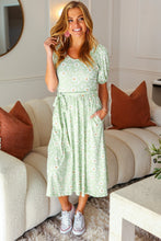 Load image into Gallery viewer, Sunny Days Sage Floral Print Fit &amp; Flare Sash Belt V Neck Dress
