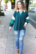 Load image into Gallery viewer, Falling For You Hunter Green Color Block Collared French Terry Top
