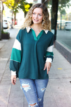 Load image into Gallery viewer, Falling For You Hunter Green Color Block Collared French Terry Top
