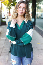 Load image into Gallery viewer, Falling For You Hunter Green Color Block Collared French Terry Top
