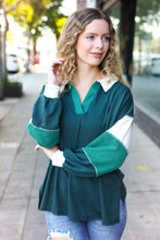 Load image into Gallery viewer, Falling For You Hunter Green Color Block Collared French Terry Top
