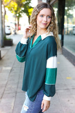 Load image into Gallery viewer, Falling For You Hunter Green Color Block Collared French Terry Top
