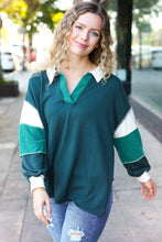 Load image into Gallery viewer, Falling For You Hunter Green Color Block Collared French Terry Top
