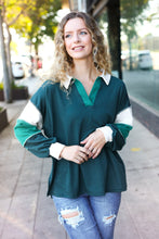 Load image into Gallery viewer, Falling For You Hunter Green Color Block Collared French Terry Top
