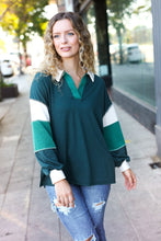 Load image into Gallery viewer, Falling For You Hunter Green Color Block Collared French Terry Top
