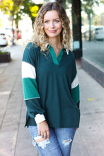 Load image into Gallery viewer, Falling For You Hunter Green Color Block Collared French Terry Top
