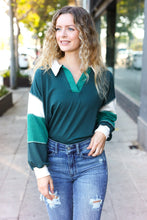 Load image into Gallery viewer, Falling For You Hunter Green Color Block Collared French Terry Top
