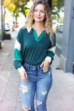 Load image into Gallery viewer, Falling For You Hunter Green Color Block Collared French Terry Top
