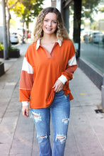 Load image into Gallery viewer, Falling For You Rust Color Block Collared French Terry Top
