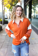 Load image into Gallery viewer, Falling For You Rust Color Block Collared French Terry Top
