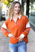 Load image into Gallery viewer, Falling For You Rust Color Block Collared French Terry Top
