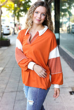 Load image into Gallery viewer, Falling For You Rust Color Block Collared French Terry Top
