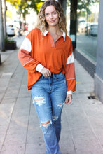 Load image into Gallery viewer, Falling For You Rust Color Block Collared French Terry Top
