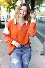 Load image into Gallery viewer, Falling For You Rust Color Block Collared French Terry Top
