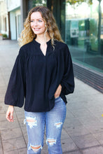 Load image into Gallery viewer, Boho Vibes Black Notched Neck Smocked Bubble Sleeve Top
