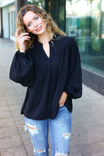 Load image into Gallery viewer, Boho Vibes Black Notched Neck Smocked Bubble Sleeve Top
