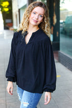 Load image into Gallery viewer, Boho Vibes Black Notched Neck Smocked Bubble Sleeve Top
