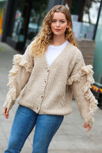 Load image into Gallery viewer, Weekend Ready Oatmeal V Neck Fringe Chunky Cable Cardigan
