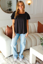 Load image into Gallery viewer, Feel The Love Black Double Ruffle Sleeve Square Neck Ribbed Top
