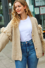 Load image into Gallery viewer, Weekend Ready Oatmeal V Neck Fringe Chunky Cable Cardigan
