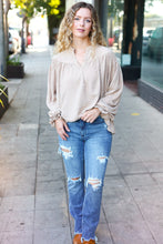 Load image into Gallery viewer, Boho Vibes Taupe Notched Neck Smocked Bubble Sleeve Top
