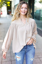 Load image into Gallery viewer, Boho Vibes Taupe Notched Neck Smocked Bubble Sleeve Top
