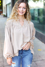 Load image into Gallery viewer, Boho Vibes Taupe Notched Neck Smocked Bubble Sleeve Top
