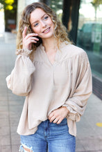 Load image into Gallery viewer, Boho Vibes Taupe Notched Neck Smocked Bubble Sleeve Top
