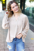 Load image into Gallery viewer, Boho Vibes Taupe Notched Neck Smocked Bubble Sleeve Top
