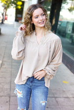 Load image into Gallery viewer, Boho Vibes Taupe Notched Neck Smocked Bubble Sleeve Top
