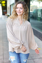 Load image into Gallery viewer, Boho Vibes Taupe Notched Neck Smocked Bubble Sleeve Top
