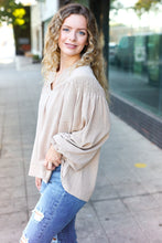 Load image into Gallery viewer, Boho Vibes Taupe Notched Neck Smocked Bubble Sleeve Top
