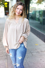 Load image into Gallery viewer, Boho Vibes Taupe Notched Neck Smocked Bubble Sleeve Top
