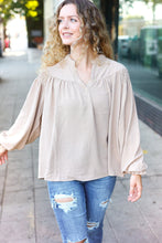 Load image into Gallery viewer, Boho Vibes Taupe Notched Neck Smocked Bubble Sleeve Top
