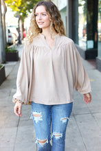 Load image into Gallery viewer, Boho Vibes Taupe Notched Neck Smocked Bubble Sleeve Top
