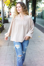 Load image into Gallery viewer, Boho Vibes Taupe Notched Neck Smocked Bubble Sleeve Top
