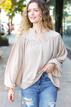 Load image into Gallery viewer, Boho Vibes Taupe Notched Neck Smocked Bubble Sleeve Top
