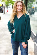 Load image into Gallery viewer, Hello Beautiful Hunter Green Smocked Bubble Sleeve Woven Top
