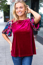 Load image into Gallery viewer, Diva Dreams Wine Floral Sequin Puff Sleeve Velvet Top
