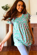 Load image into Gallery viewer, Dreamy Green &amp; Pink Floral Yoke Ruffle Short Sleeve Top
