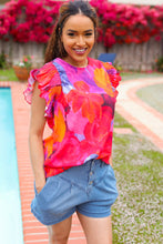 Load image into Gallery viewer, Look of Love Red &amp; Fuchsia Floral Smocked Ruffle Frill Sleeve Top
