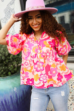 Load image into Gallery viewer, Find Love Pink/Yellow Floral Frill Balloon Short Sleeve Top
