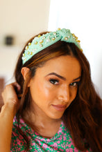 Load image into Gallery viewer, Mint Heart Pearl &amp; Jewel Knot Knit Headband
