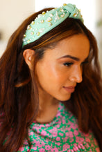 Load image into Gallery viewer, Mint Heart Pearl &amp; Jewel Knot Knit Headband
