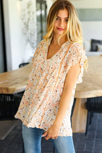 Load image into Gallery viewer, True Beauty Peach Floral Lattice Trim V Neck Ruffle Sleeve Top
