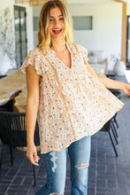 Load image into Gallery viewer, True Beauty Peach Floral Lattice Trim V Neck Ruffle Sleeve Top
