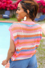 Load image into Gallery viewer, Pretty In Pink &amp; Blue Striped Netted Crochet Dolman Sweater Top
