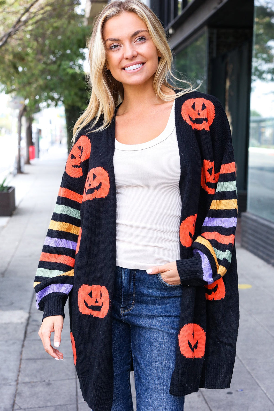 Pumpkin Multicolor Stripe Jacquard Knit Open Cardigan