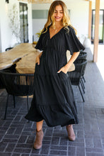 Load image into Gallery viewer, Talk Of The Town Black Elastic V Neck Tiered Maxi Dress
