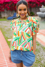 Load image into Gallery viewer, Hello Beautiful Green &amp; Orange Geo Frill Notch Neck Puff Sleeve Top
